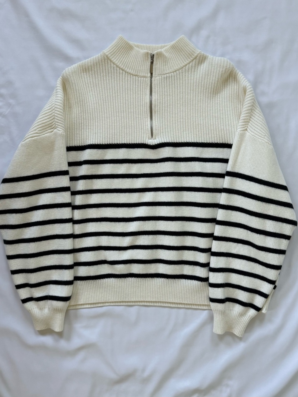 Mango Cream & Black Striped Half-Zip Sweater